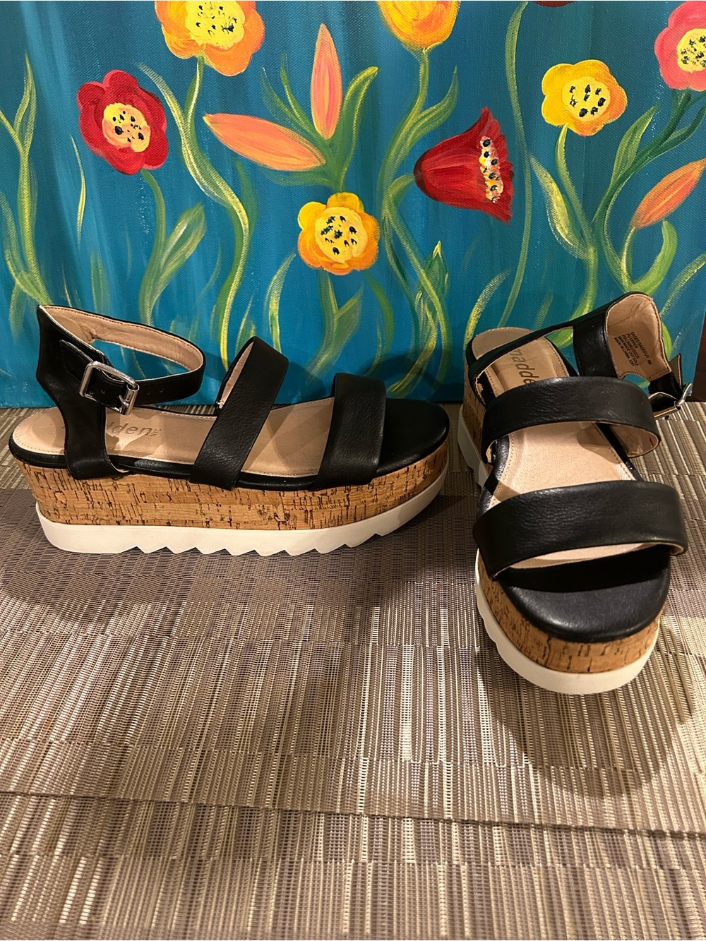 Black Cork Platform Sandals with Ankle Strap